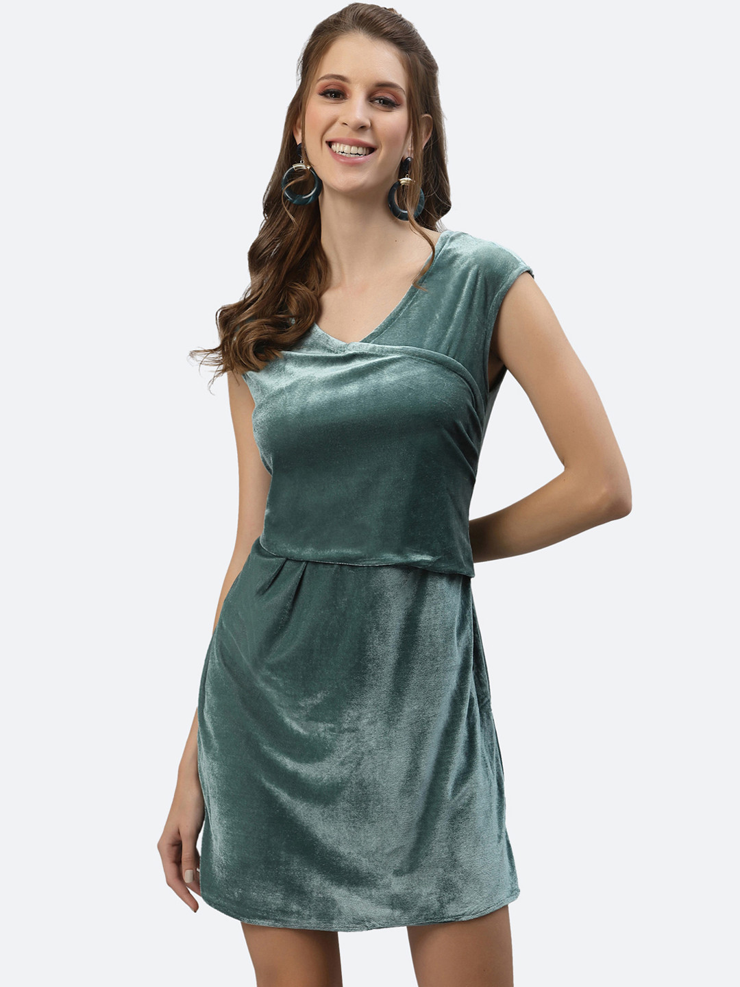 Buy Selvia Green Cowl Neck Velvet A Line Dress Dresses for Women