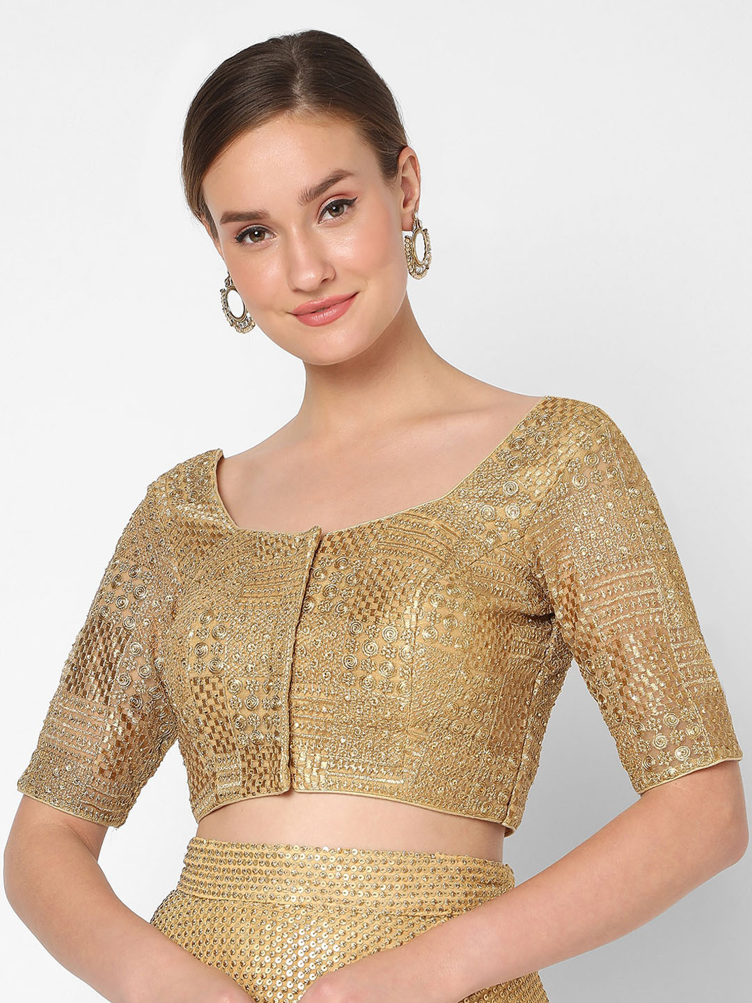 Buy SALWAR STUDIO Gold Colored Net Embroidered Saree Blouse Saree