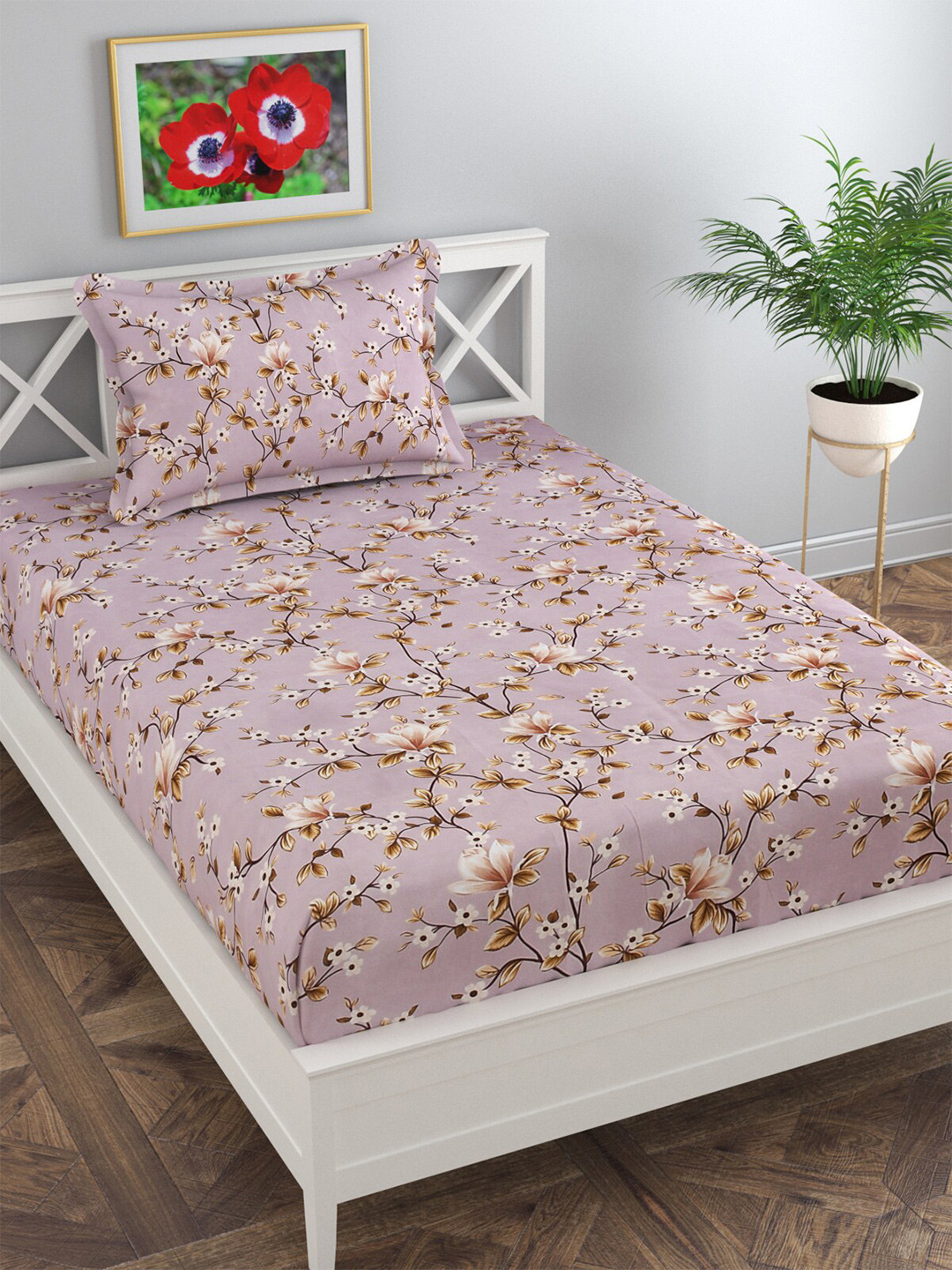 Buy Florida Mauve & White Floral 120 TC Single Bedsheet With 1 Pillow