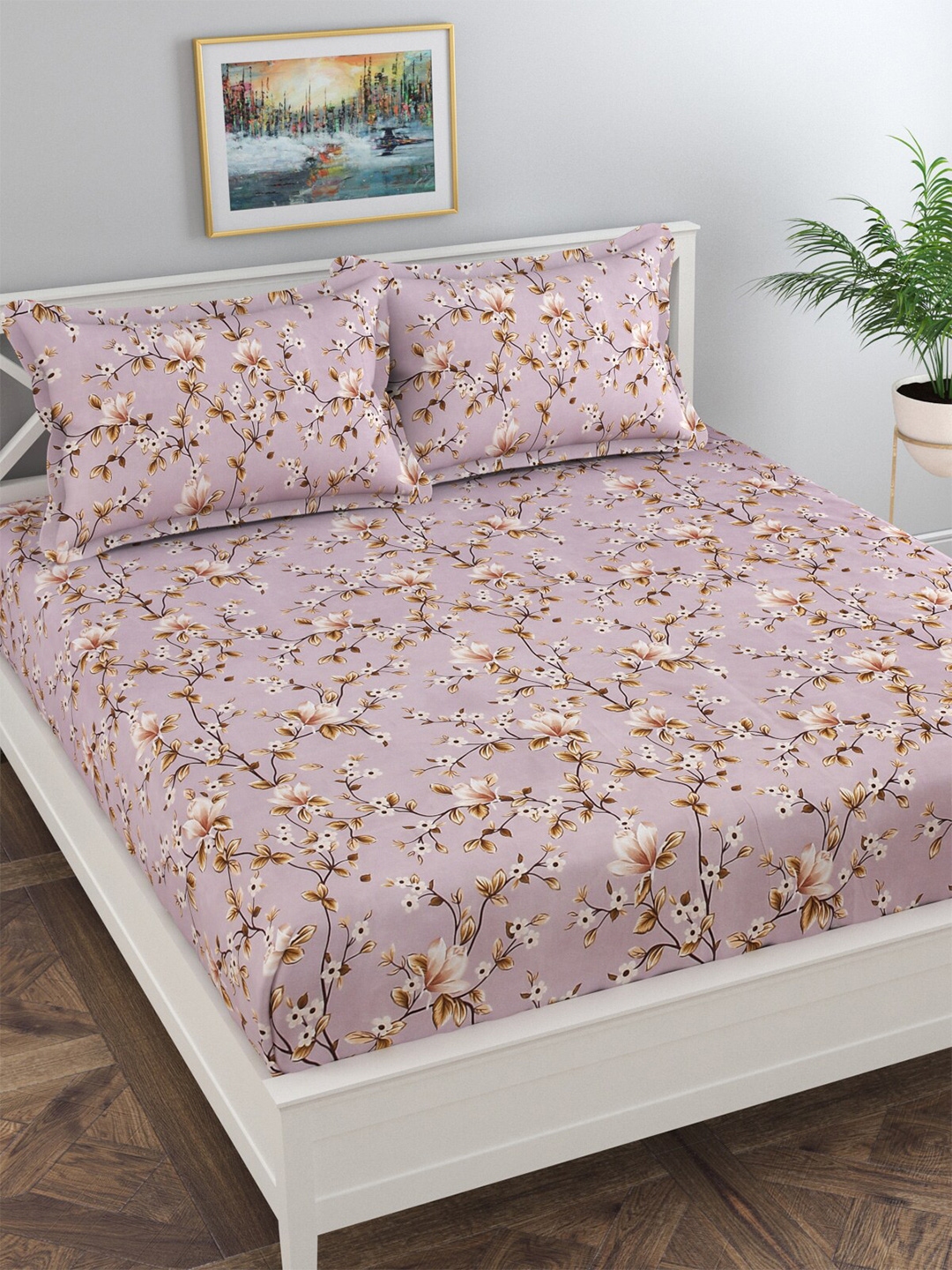 Buy Florida Mauve & Brown Floral 120 TC Queen Bedsheet With 2 Pillow