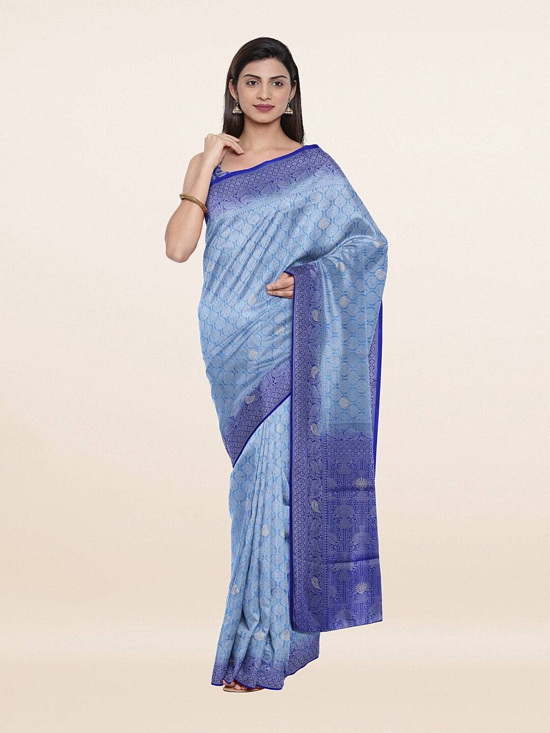 Buy Pothys Blue & Silver Toned Ethnic Motifs Art Silk Saree Sarees