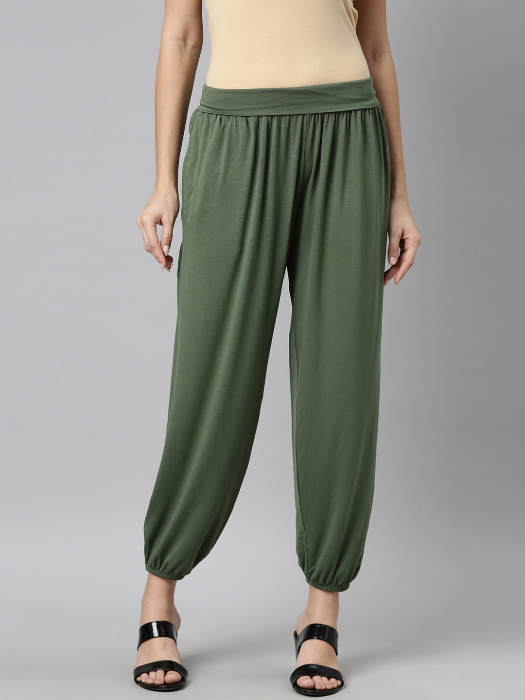 Buy Go Colors Women Olive Green Solid Relaxed Fit Harem Pants Harem