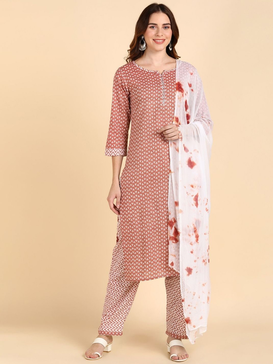 Women Peach Printed Pure Cotton Kurta With Solid Trouser and Dupatta Set