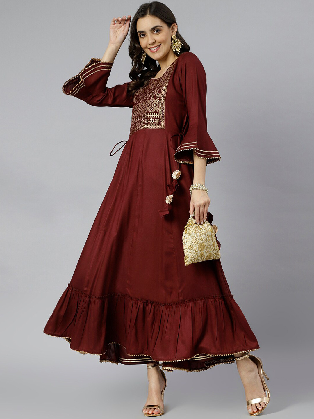 Women Maroon Printed 3/4 Sleeve Cotton Anarkali Kurta main image 1
