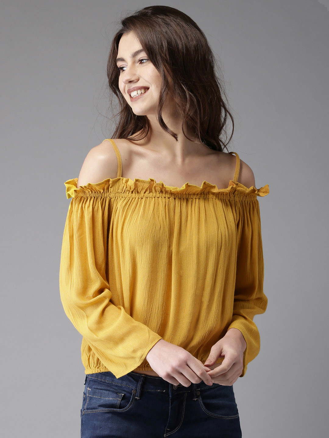 Buy Moda Rapido Women Mustard Yellow Solid Bardot Top  - Tops for Women 1829904 | Myntra
