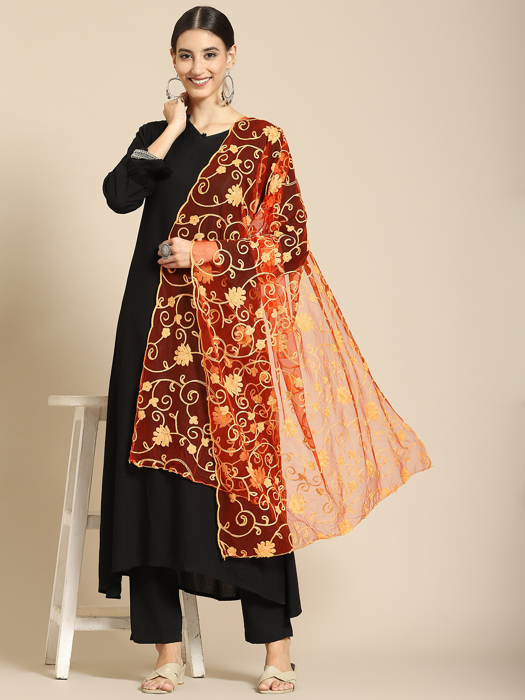 Buy Saadgi Orange Ethnic Motifs Embroidered Dupatta With Chikankari