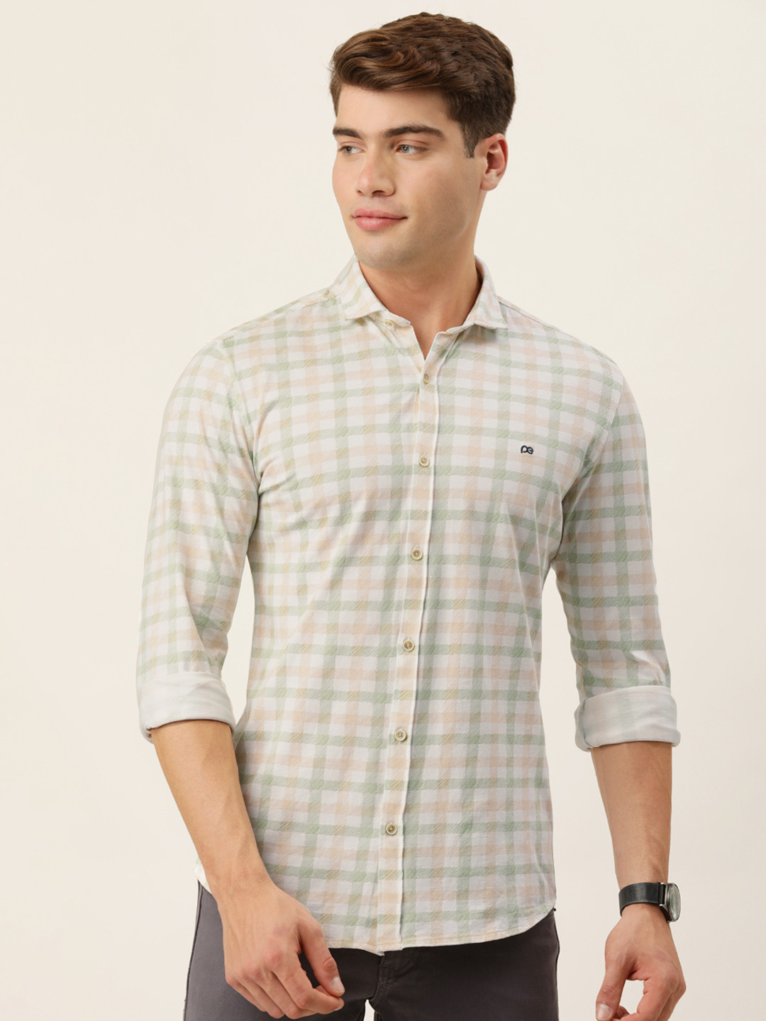 Buy Peter England Men White Slim Fit Checked Pure Cotton Casual Shirt