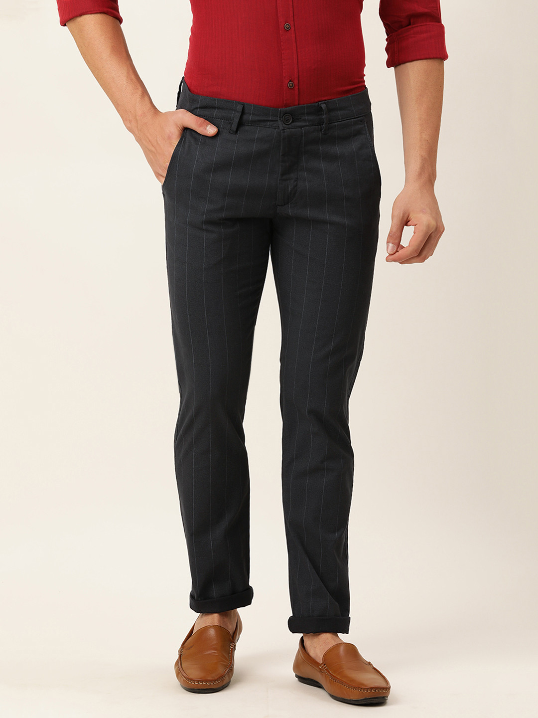 Buy Peter England Men Black Checked Super Slim Fit Regular Trousers