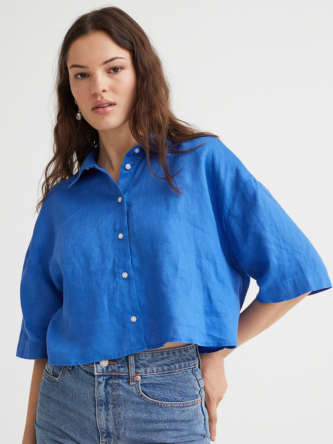 Buy H&M Women Blue Cropped Linen Shirt Shirts for Women 18302342 Myntra