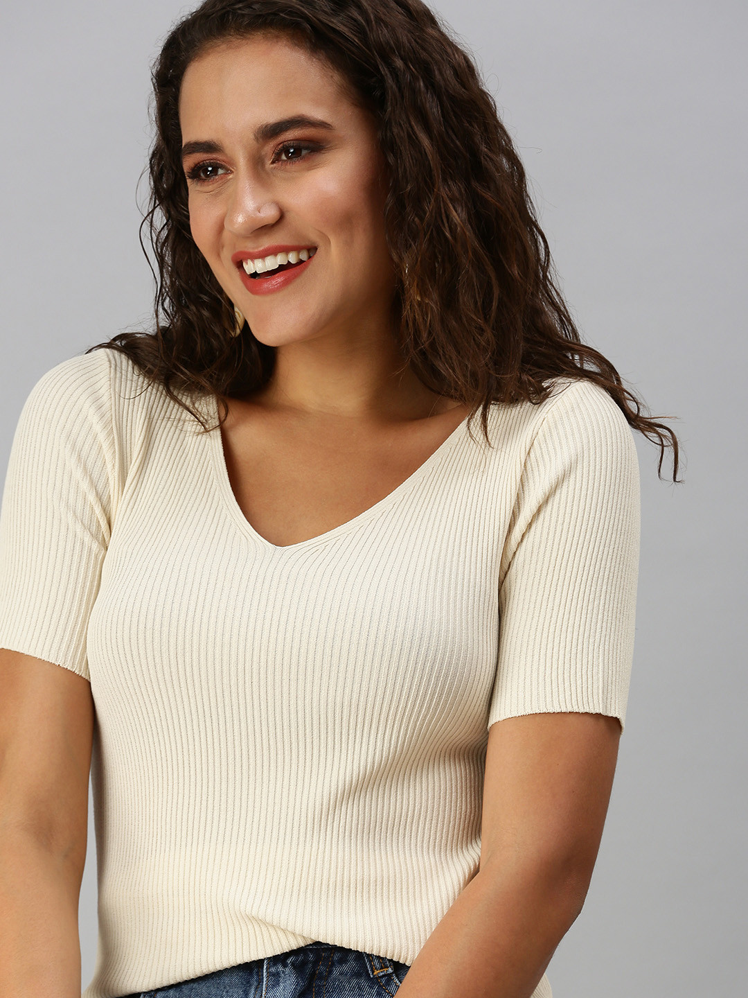 Buy SHOWOFF Women Cream Coloured V Neck Solid Top Tops for Women