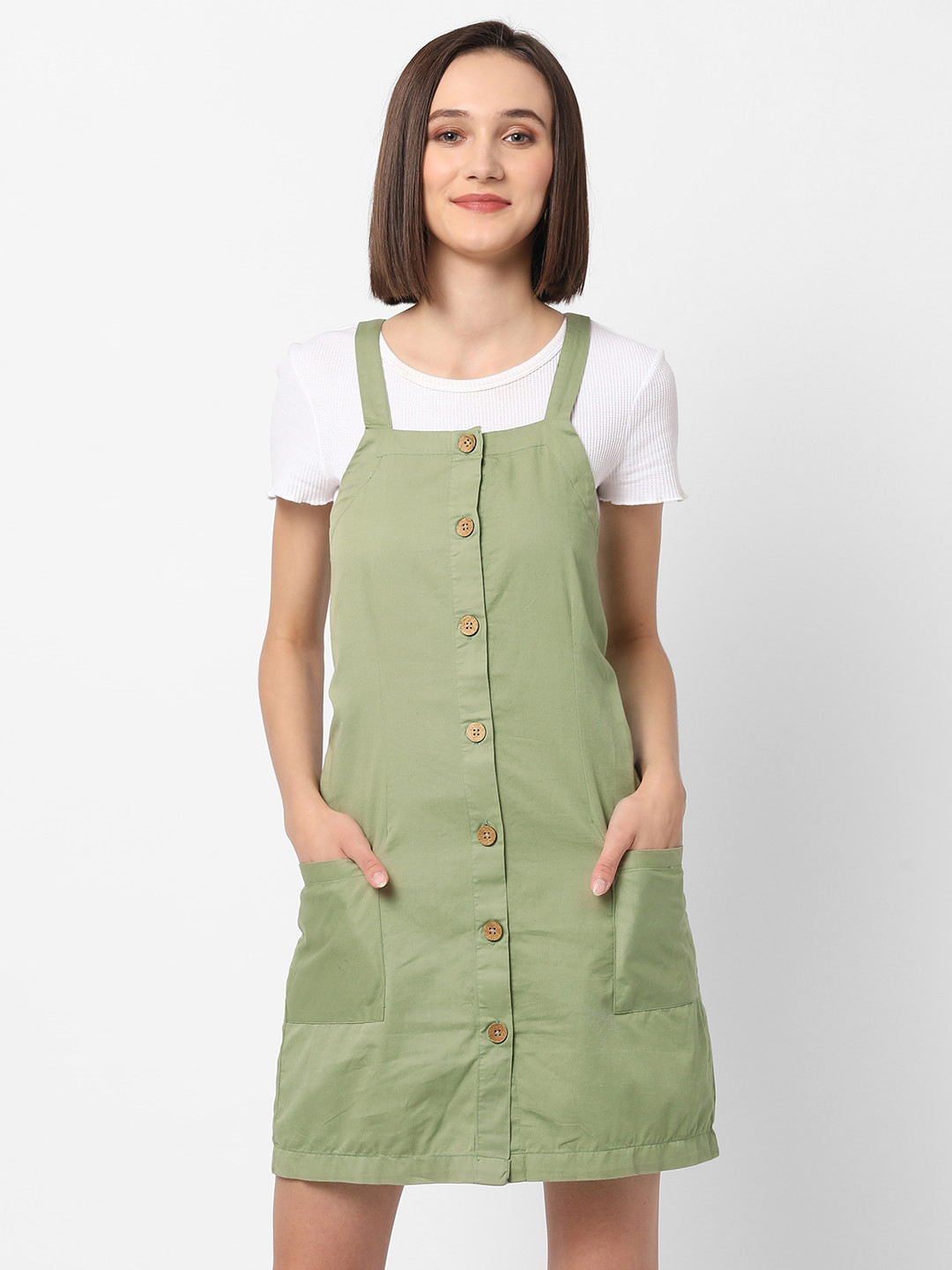 Buy VASTRADO Olive Green Pinafore Dress Dresses for Women 18304014