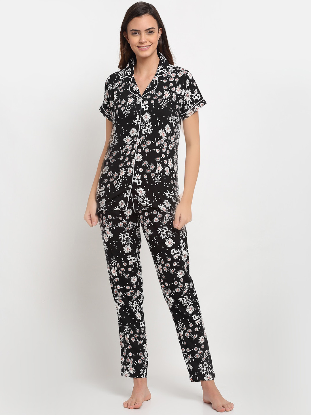 Buy Boston Club Women Black & White Floral Printed Night Suit Night