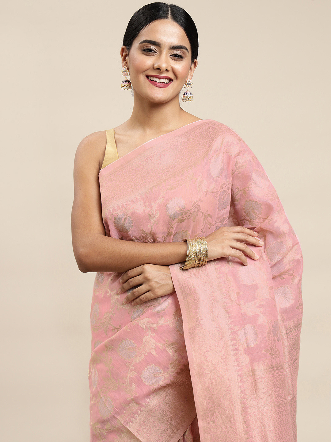 Buy Saree Swarg Pink & Silver Ethnic Motifs Linen Blend Banarasi Sarees