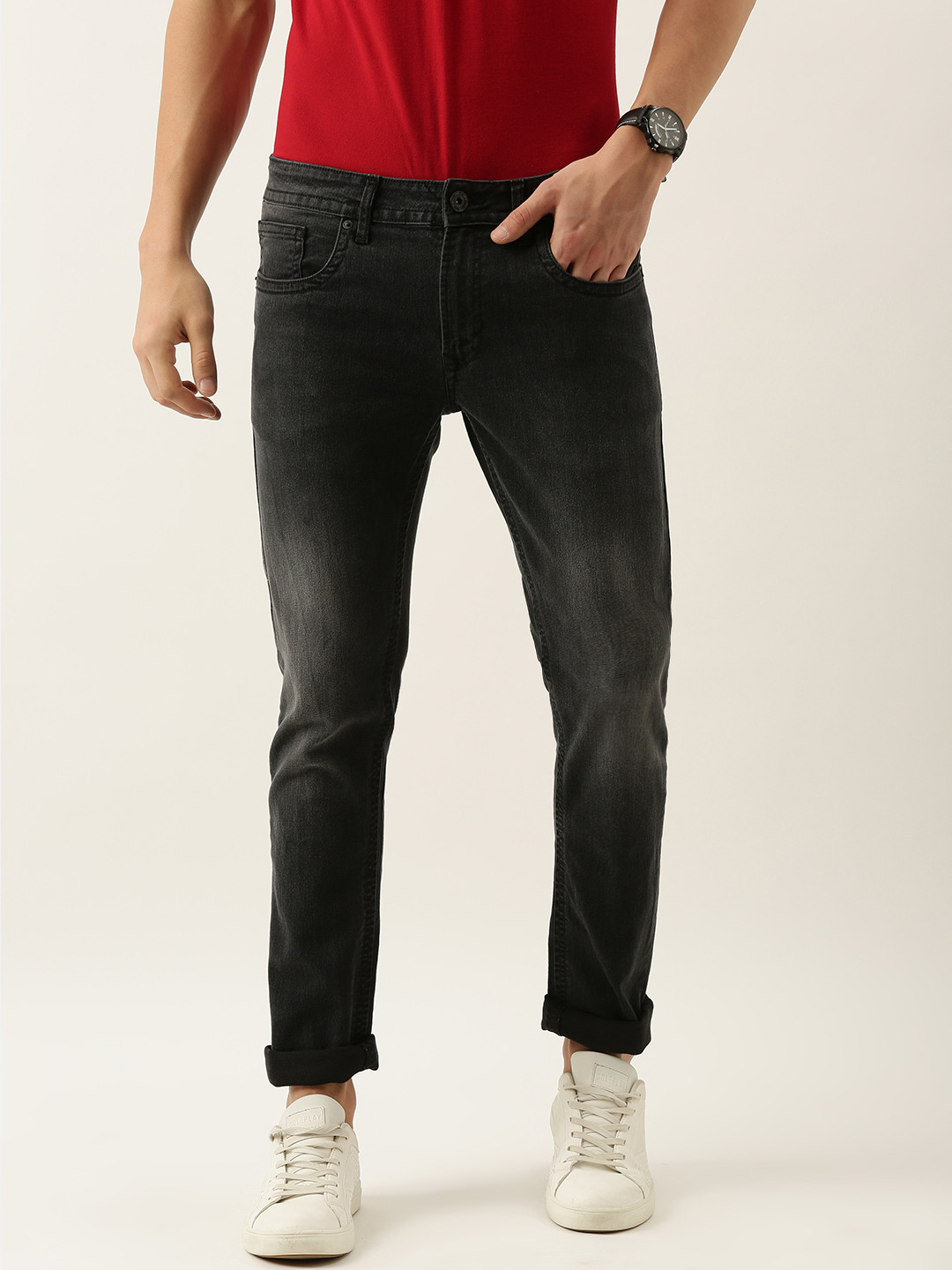 Buy Peter England Casuals Men Black Skinny Fit Light Fade Stretchable