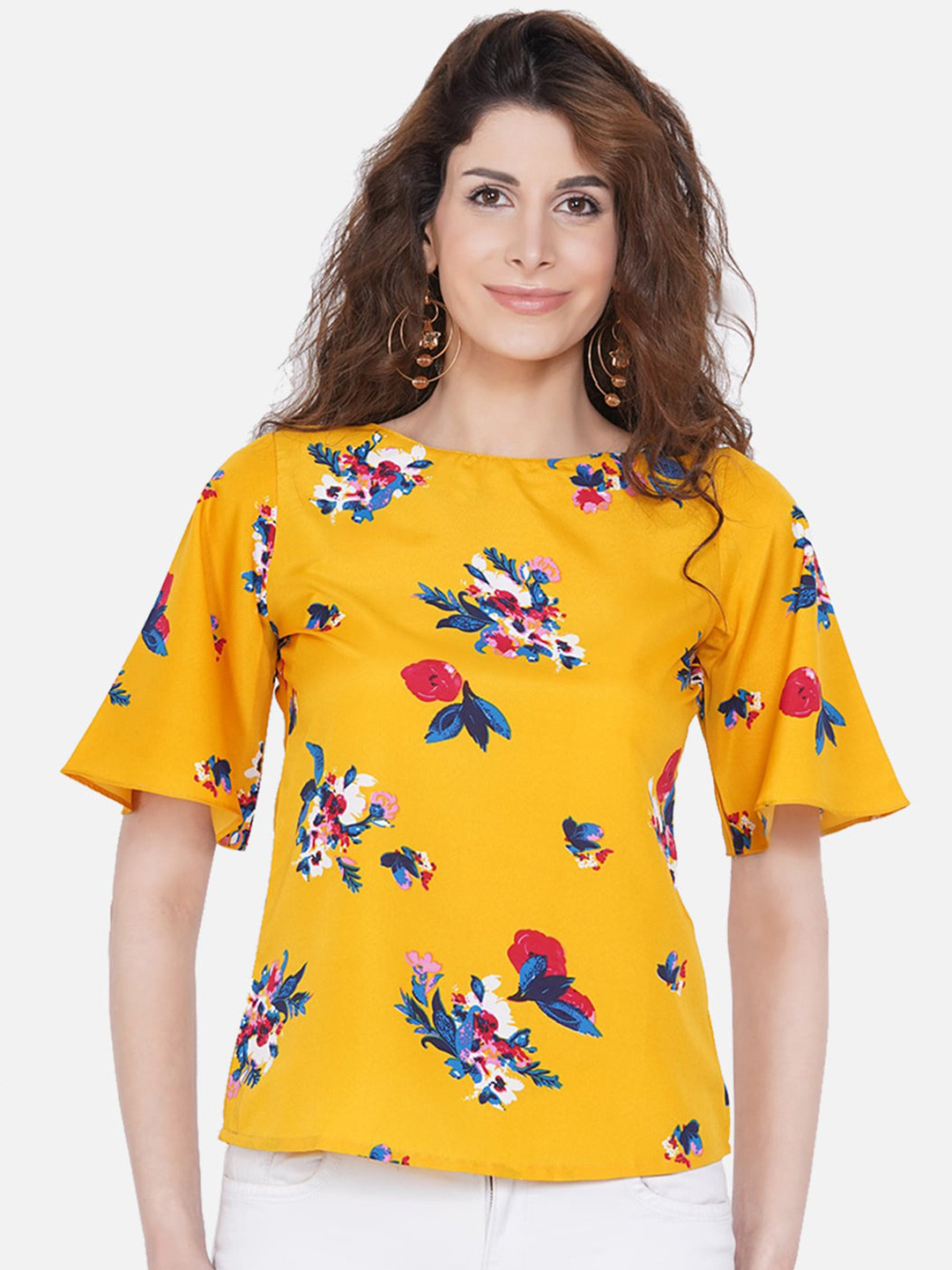 Buy Akshatani Mustard Yellow Floral Print Crepe Top Tops for Women