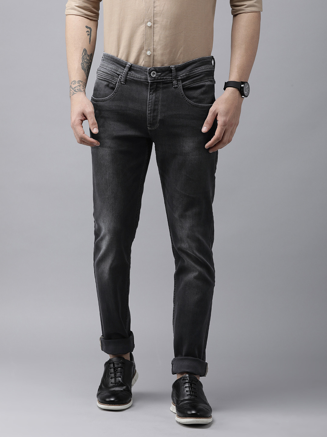 Buy VAN HEUSEN DENIM LABS Men Charcoal Skinny Fit Light Fade