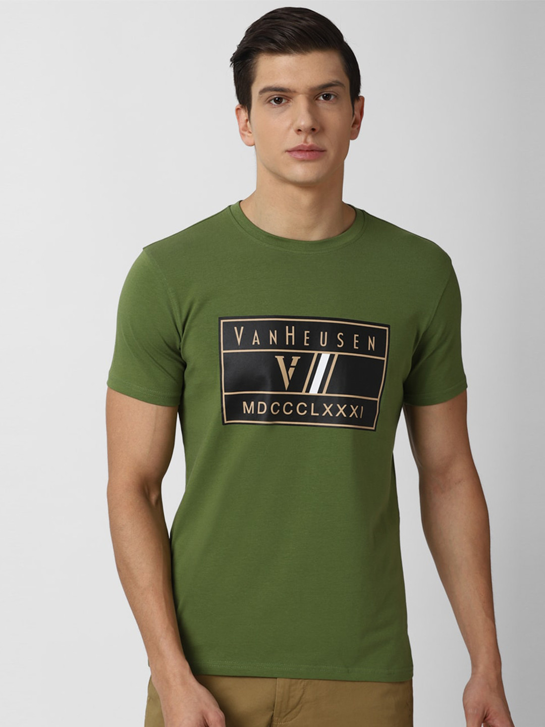 Buy Van Heusen Sport Men Olive Green Typography Printed Applique T