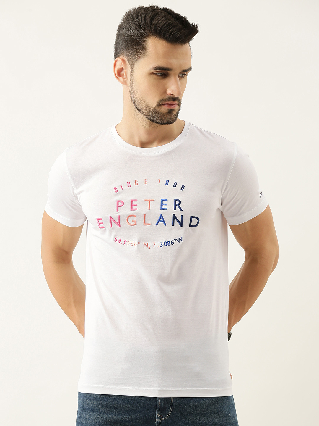 Buy Peter England Casuals Men White Brand Logo Printed Pure Cotton T