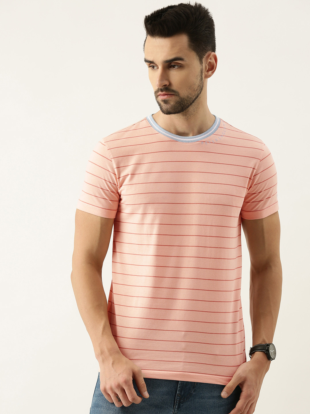 Buy Peter England Casuals Men Pink Striped T Shirt Tshirts for Men