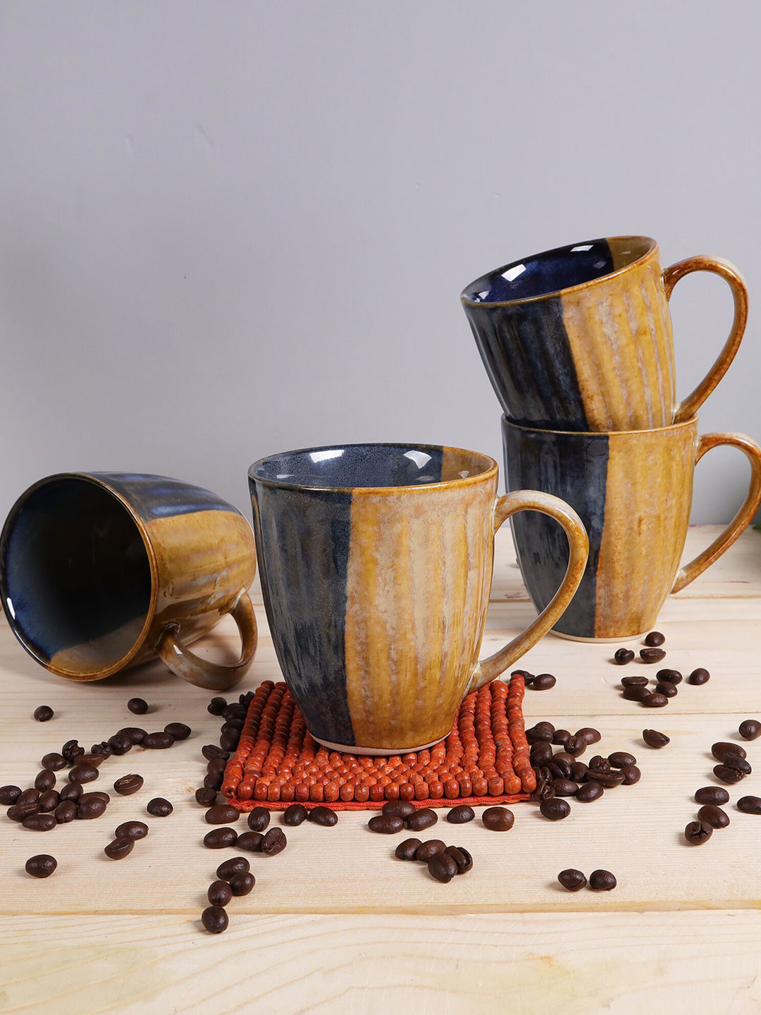 Buy Homesake Yellow & Navy Blue Solid Ceramic Glossy Mugs Set Of Cups