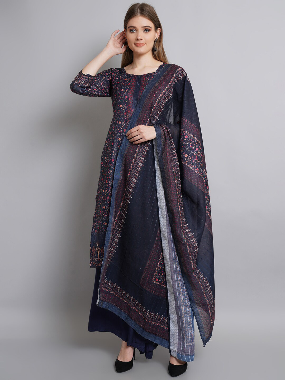 Buy Stylee LIFESTYLE Navy Blue & Gold Toned Printed Unstitched Dress Material Dress Material