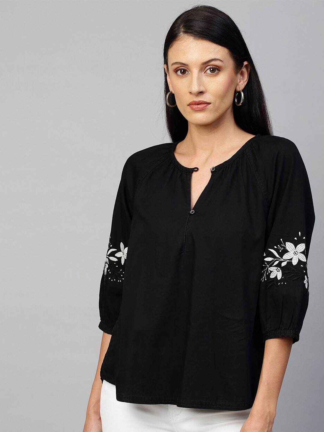 Buy Chemistry Black Floral Embroidered Top Tops for Women 18323876