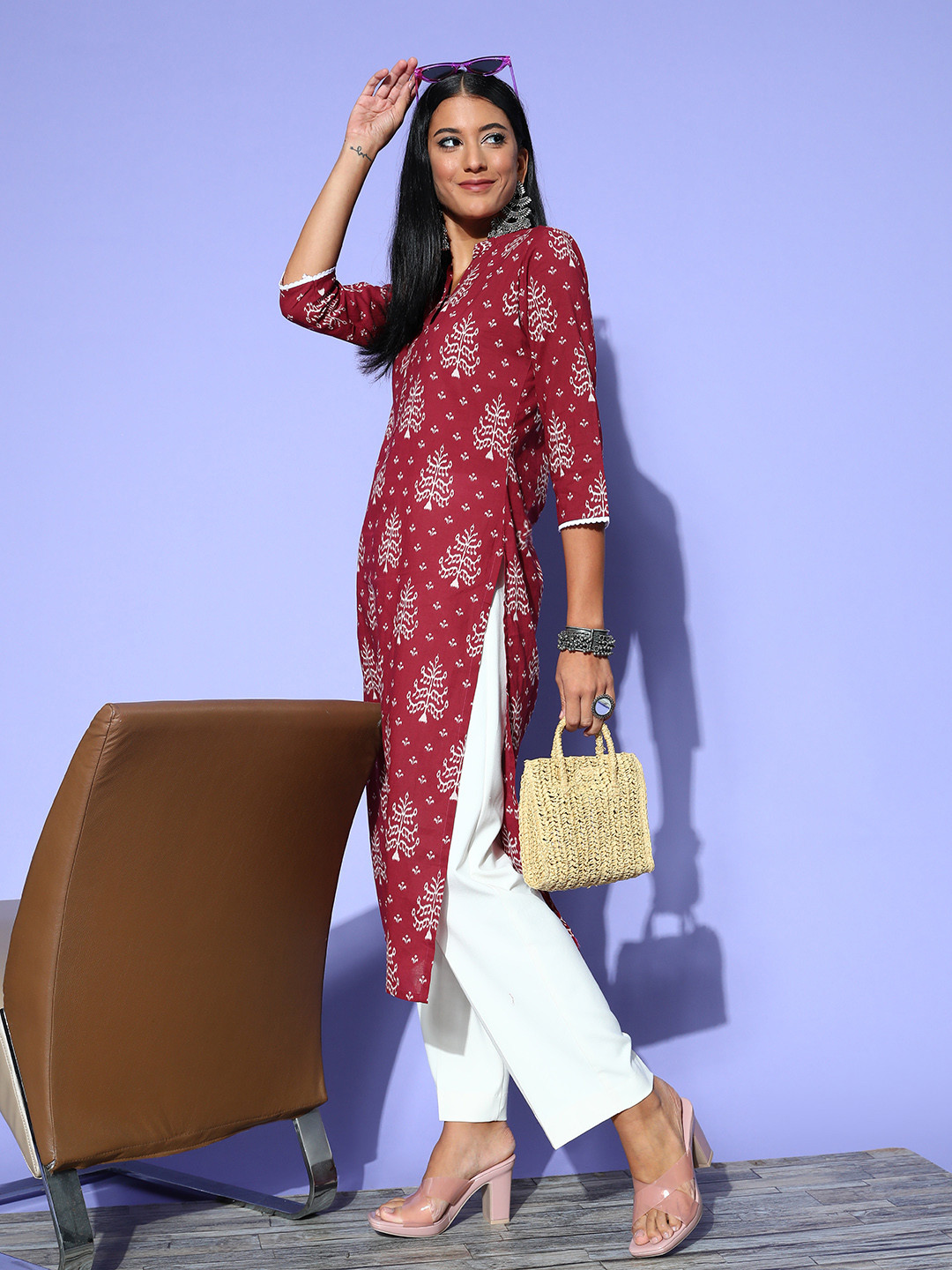 Anubhutee Women's Maroon & White Ethnic Print Kurta With Palazzos Set - Viscose Rayon