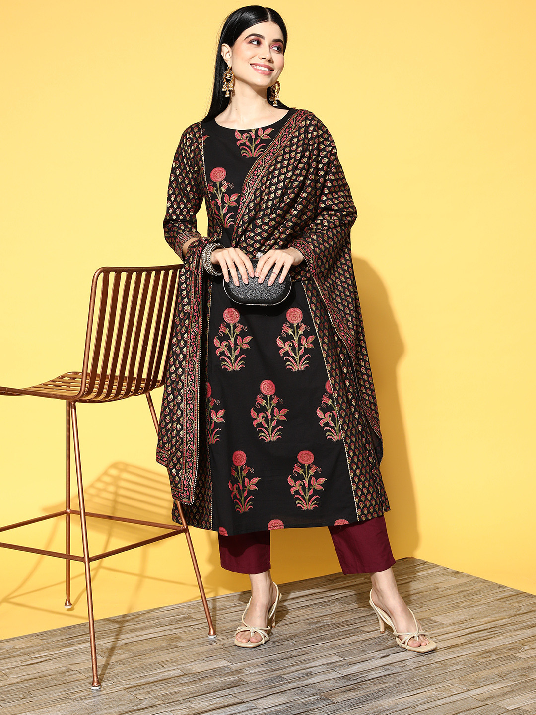 Indo Era Black Colourblocked Straight Kurta Trousers Set