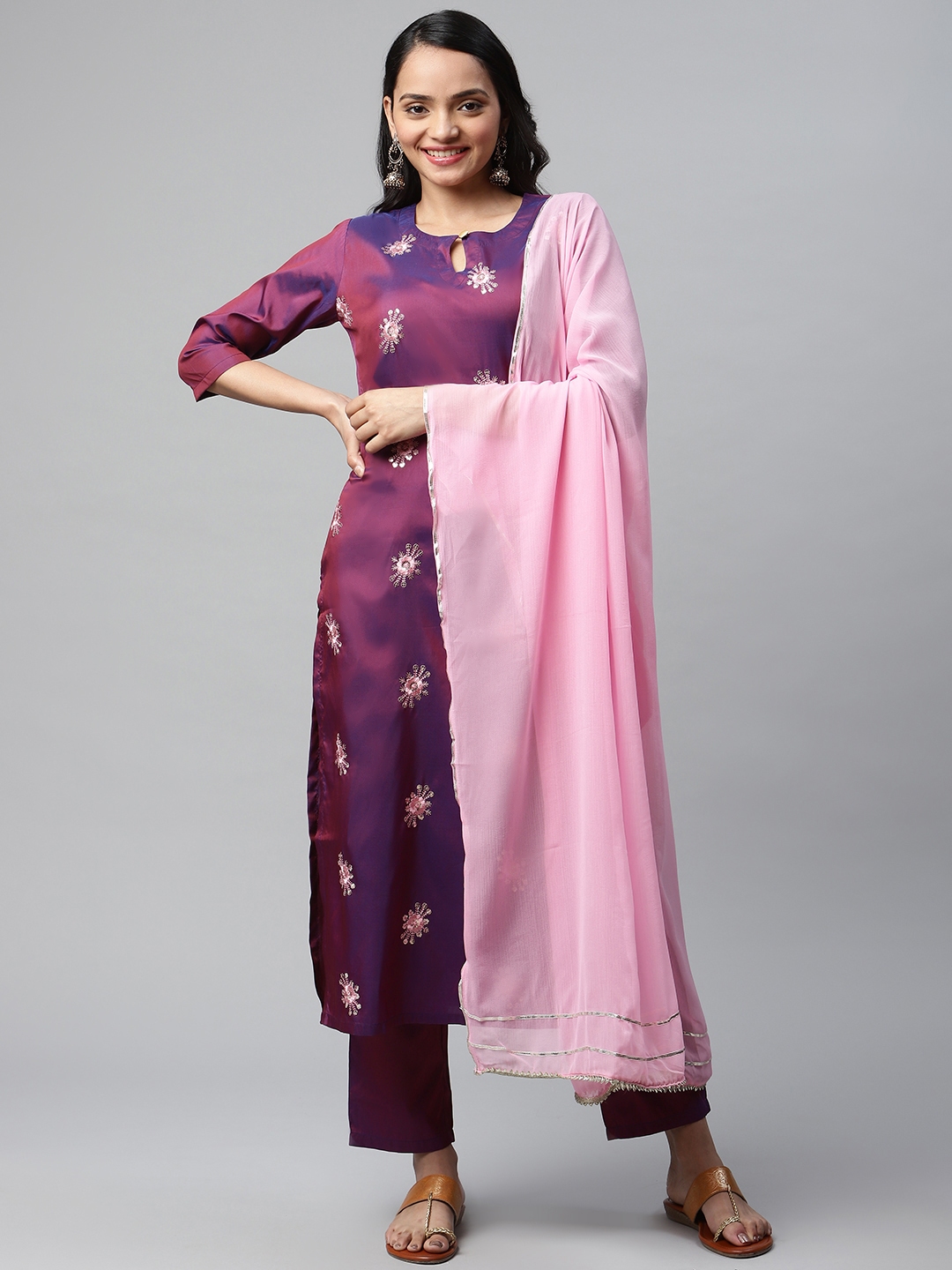 Buy V TRADITION Women Purple Floral Embroidered Kurta With Palazzos ...