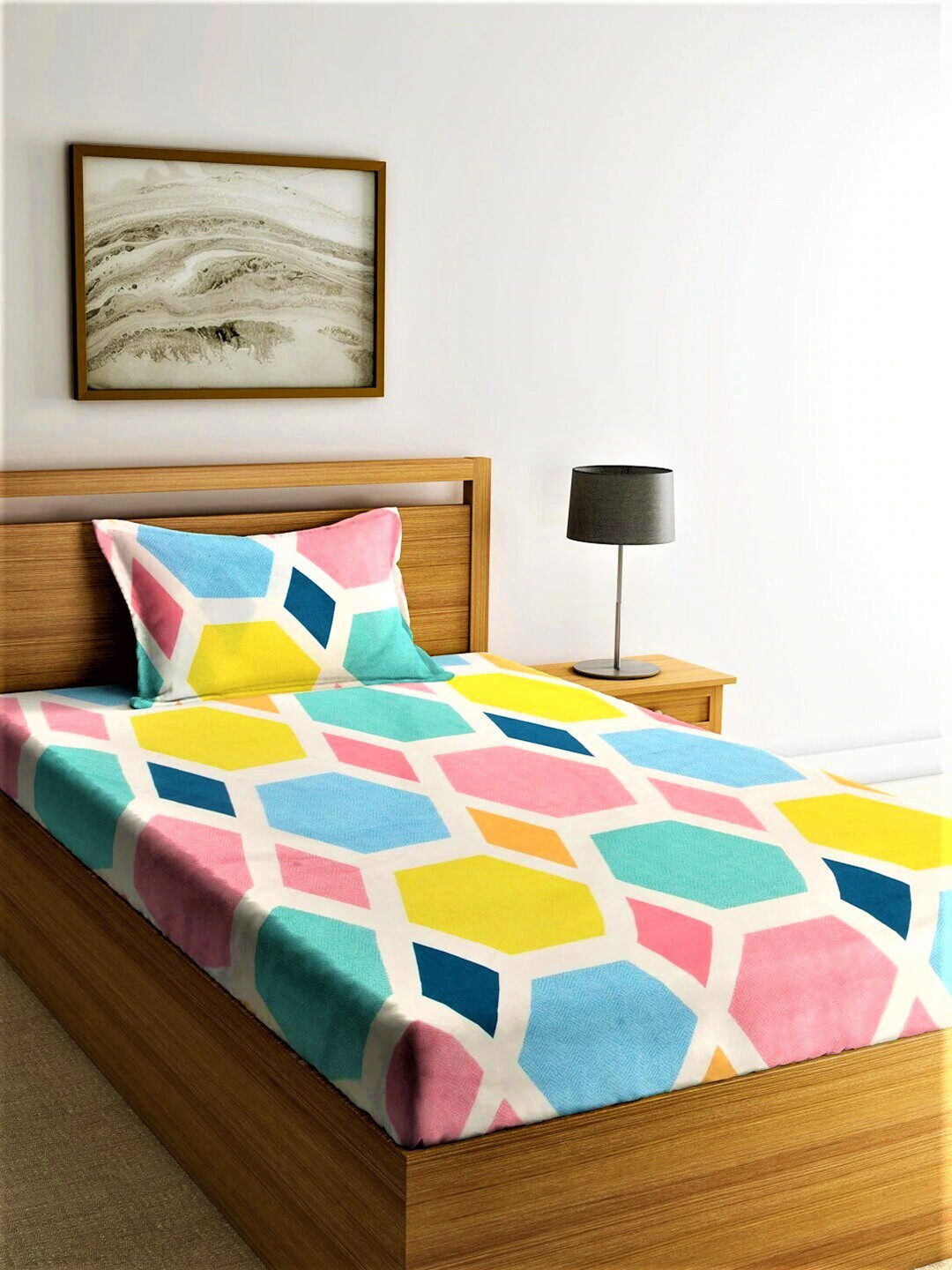 Buy Home Sizzler Blue & Yellow Geometric 210 TC Single Bedsheet With 1