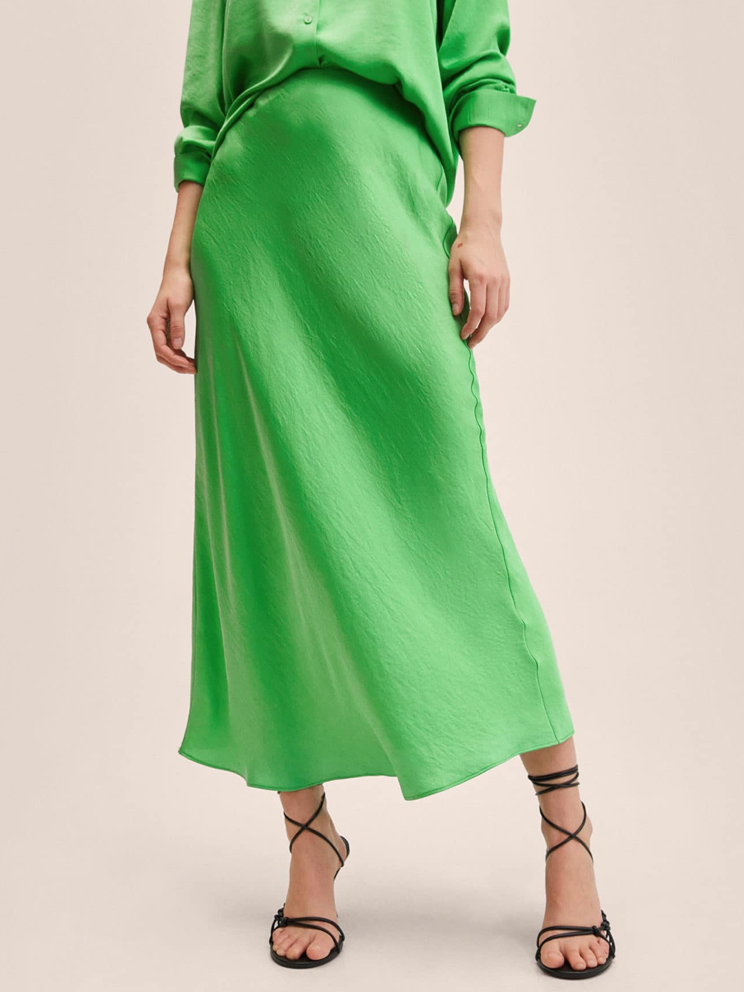 Buy MANGO Women Green Solid Satin A Line Midi Skirt Skirts for Women