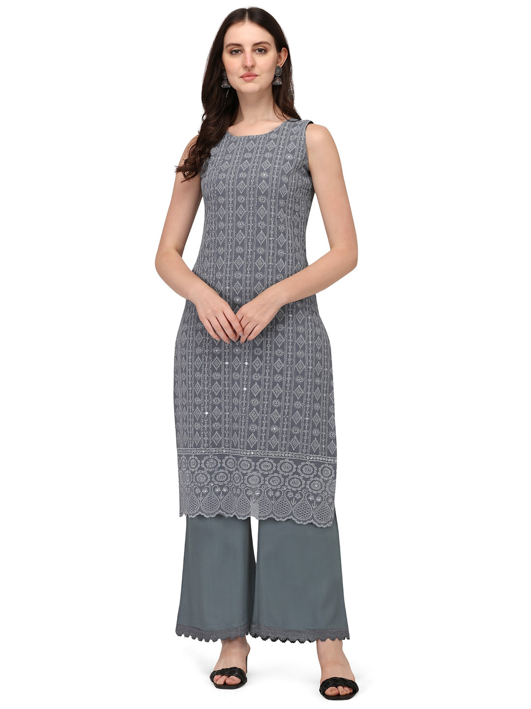 Women'S Grey Solid Kurta With Palazzos