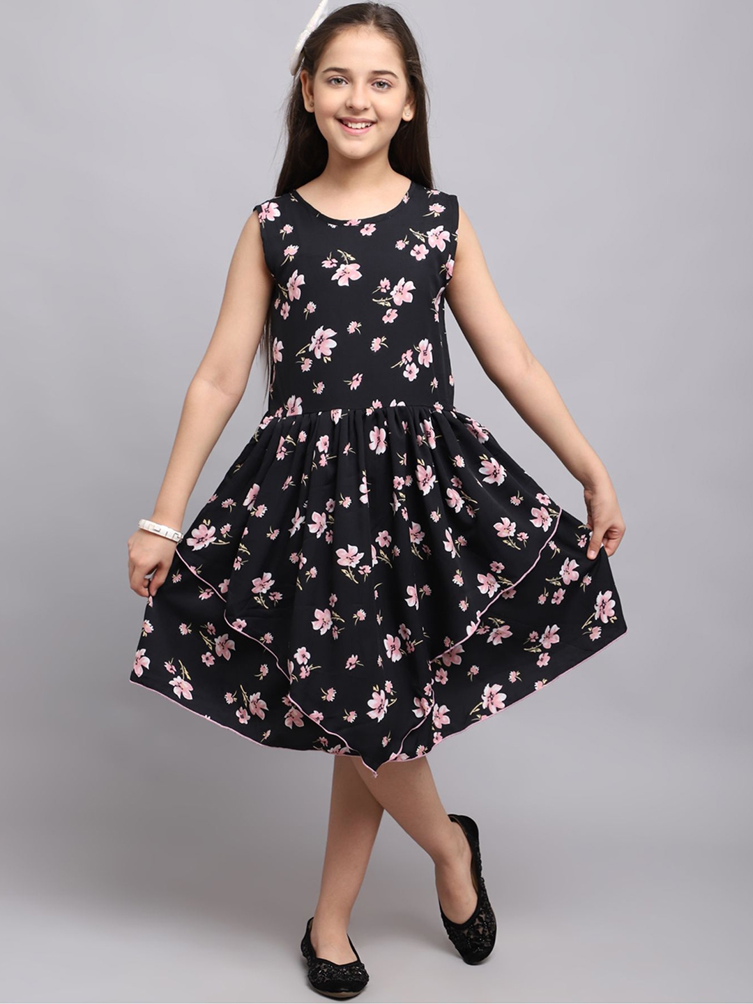 Buy White World Black Floral Layered Crepe A Line Midi Dress - Dresses ...