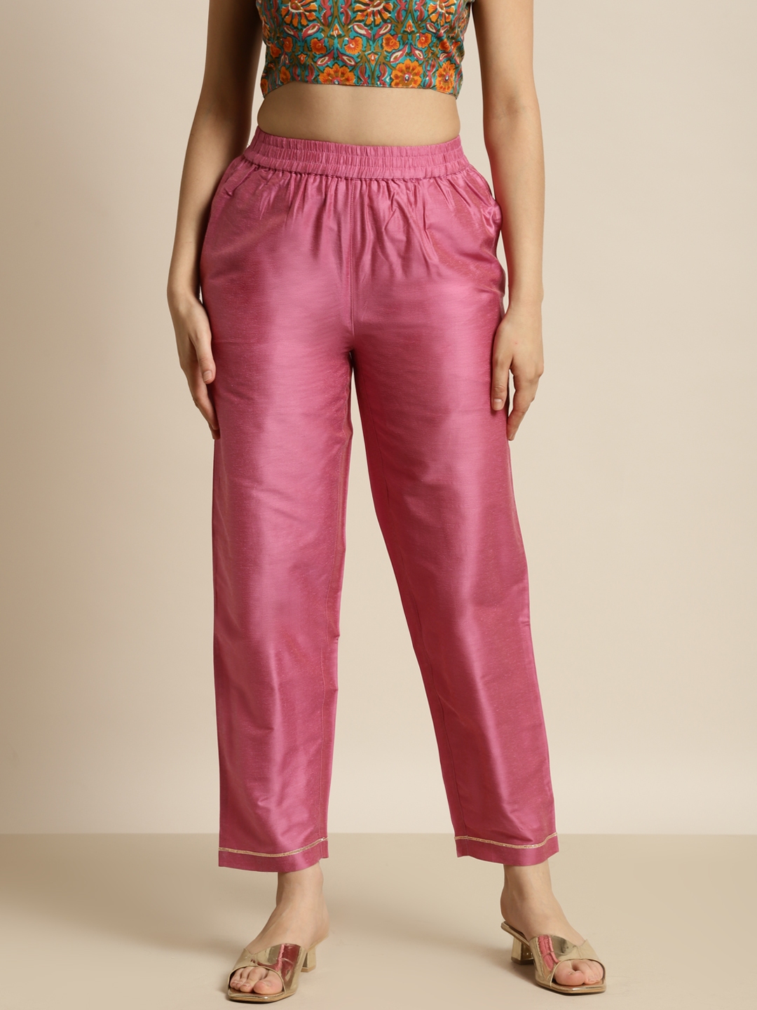 Buy Shae By SASSAFRAS Women Pink Sheen Pleated Ethnic Trousers ...