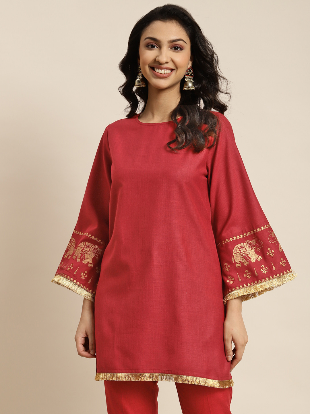 Buy Shae By SASSAFRAS Women Maroon & Gold Toned Ethnic Motifs Printed Flared Sleeves Kurta