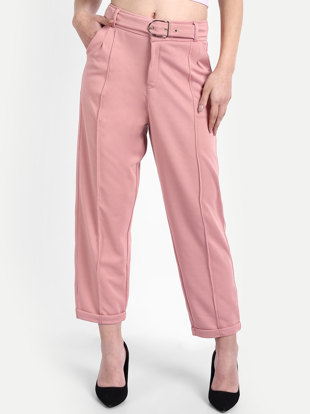 Buy Next One Women Pink Straight Fit High Rise Trousers - Trousers for ...