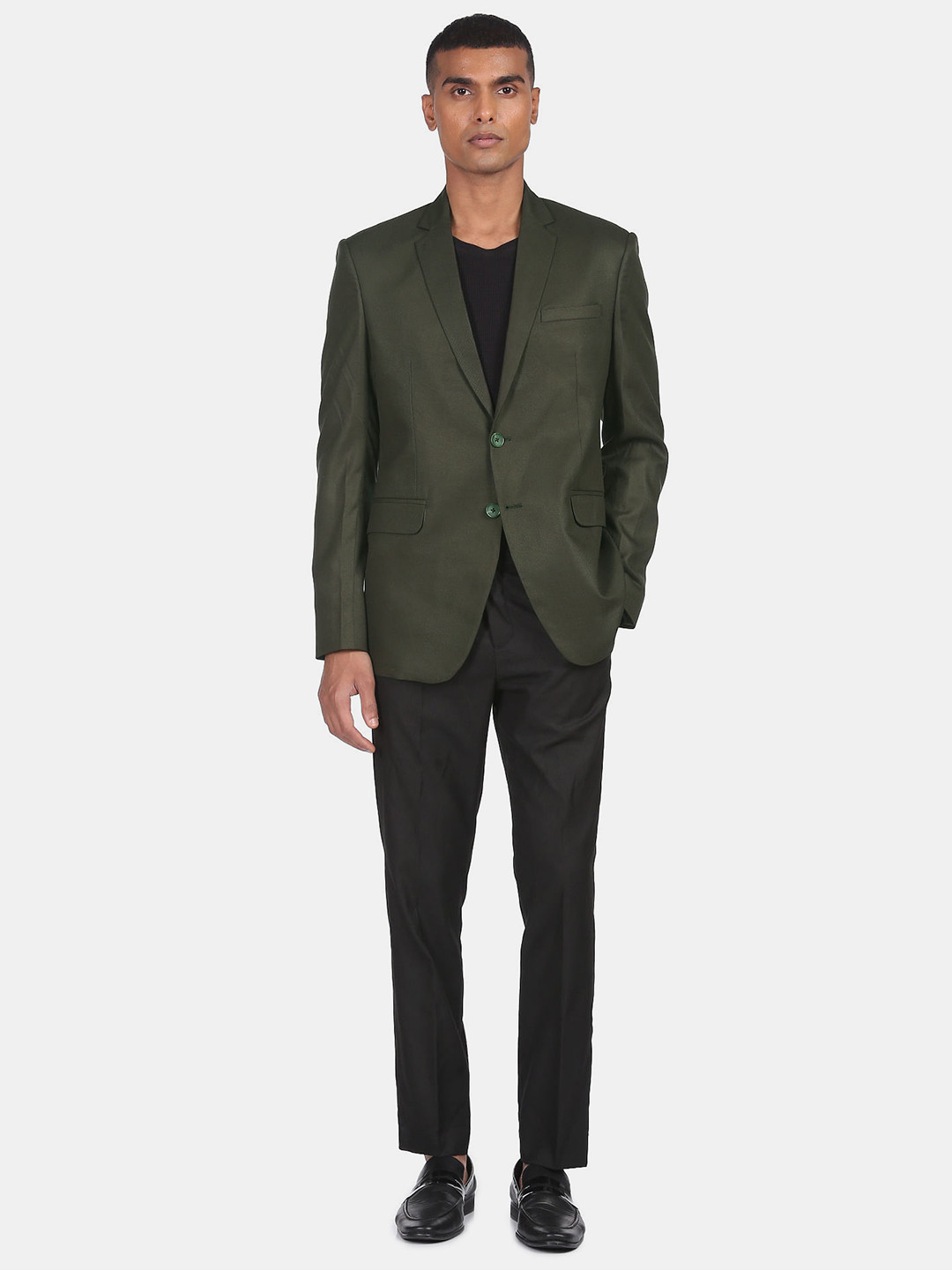 Buy AD By Arvind Men Olive Green Solid Single Breasted Blazers