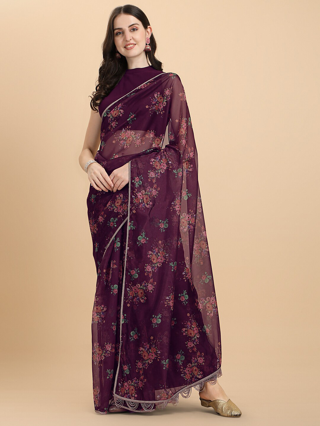 Sangria Satin Saree with Bronze Handmade Lace