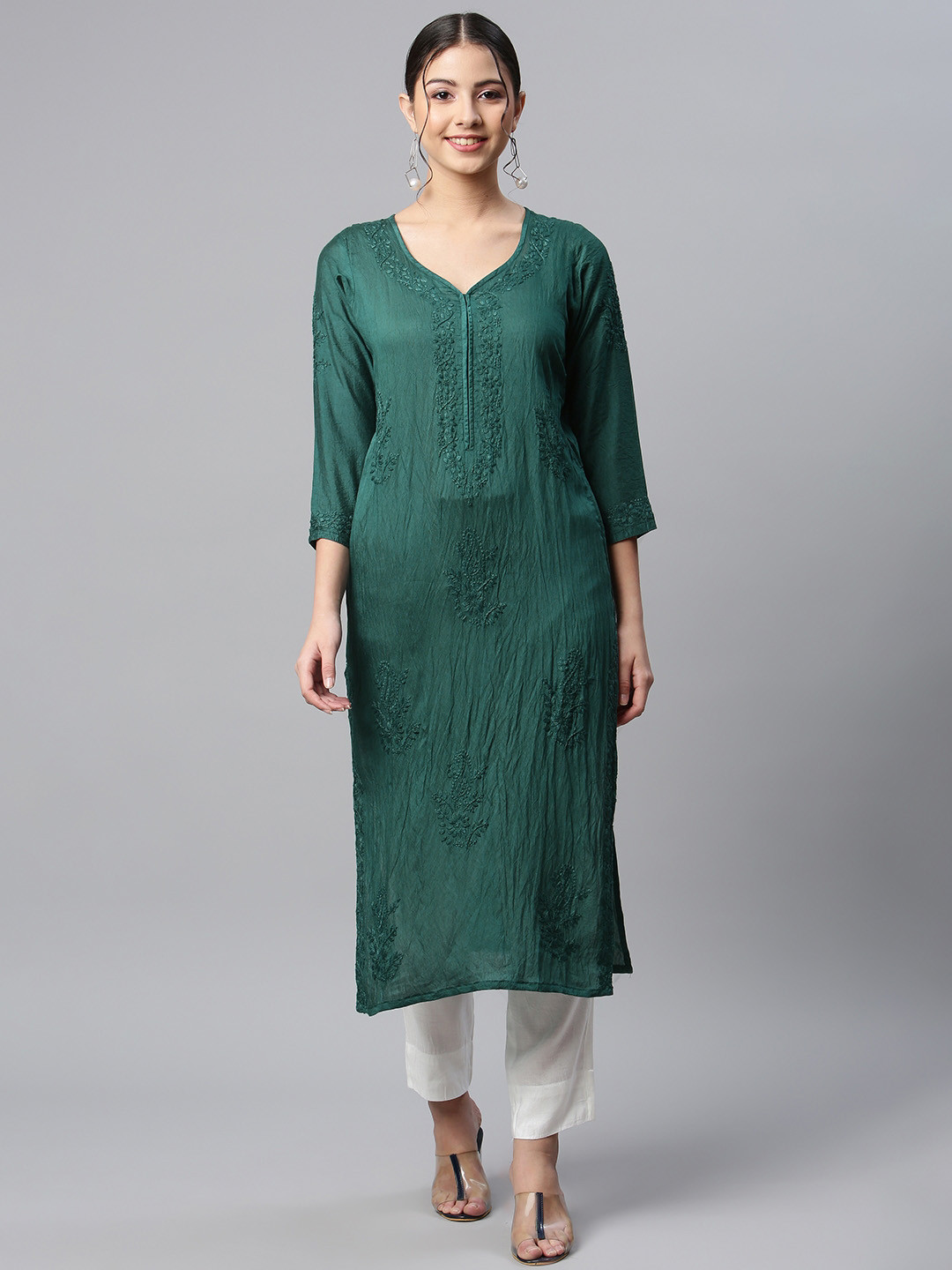 Buy SHADES Women Teal Chikankari Chanderi Silk Kurta Kurtas for Women