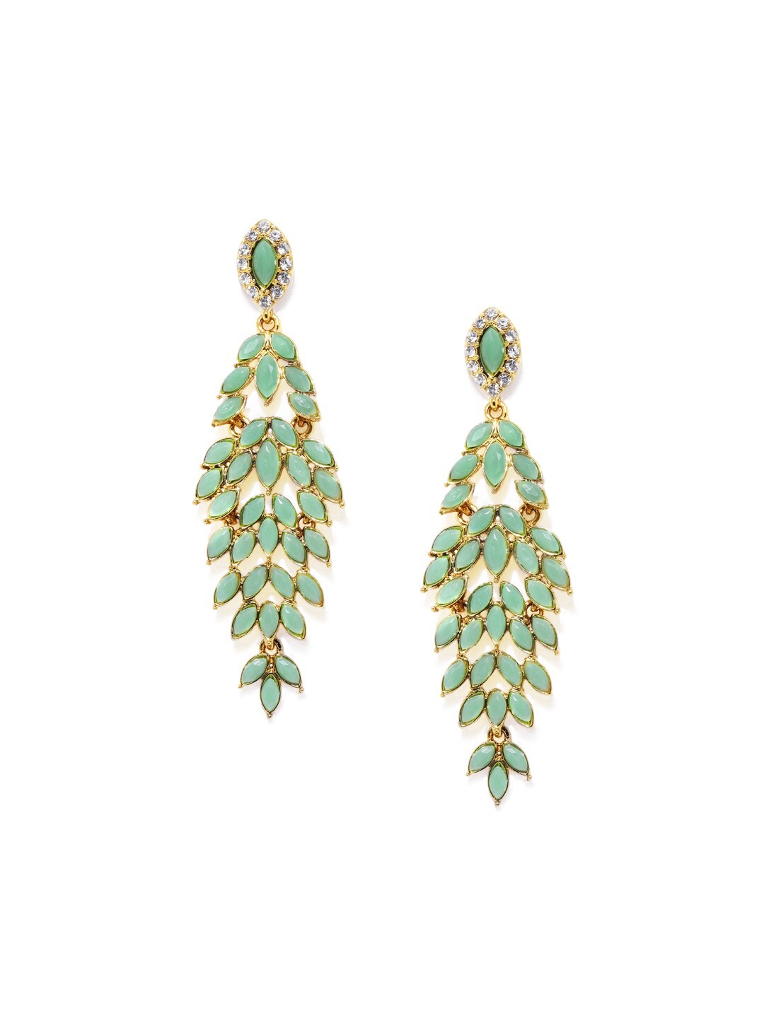Buy Mahi Gold Plated Green & White Crystals Leaf Shaped Drop Earrings ...