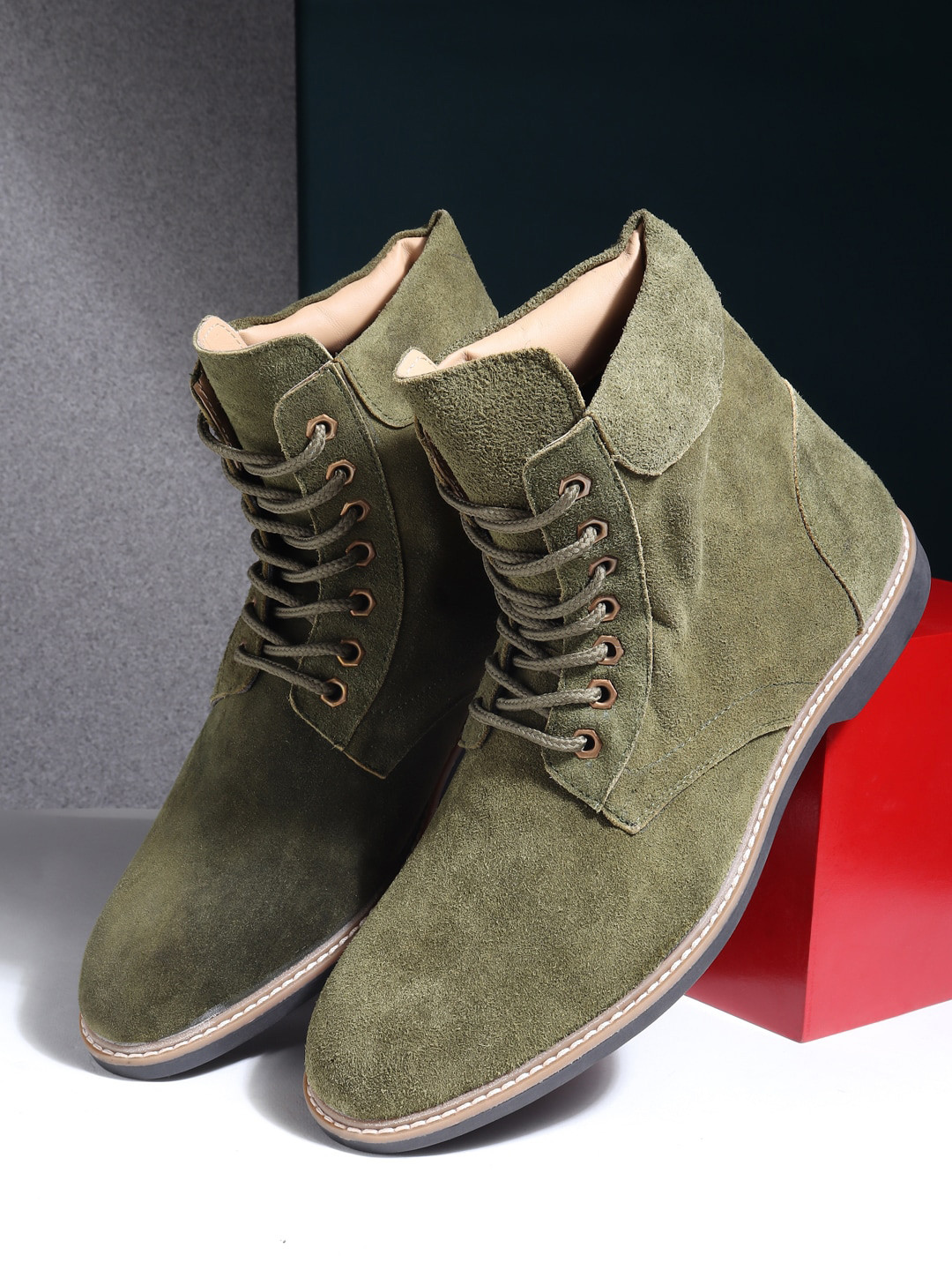 Buy Teakwood Leathers Men Olive Green Solid Mid Top Boot Boots for