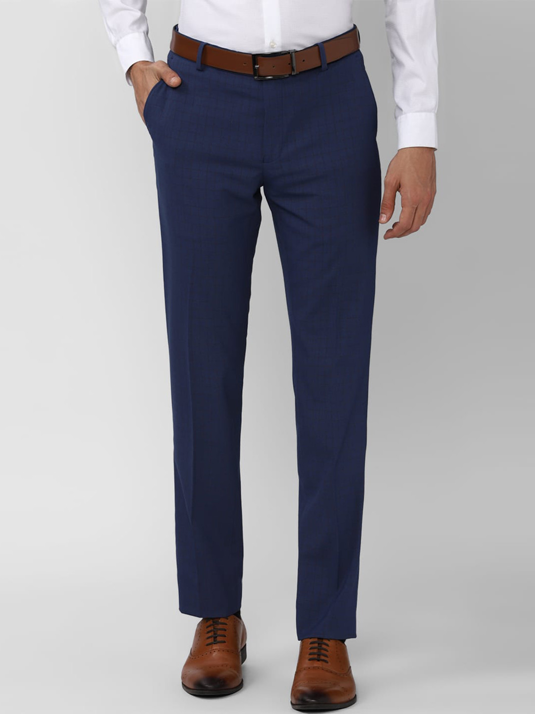 Buy Peter England Men Navy Blue Checked Slim Fit Trousers Trousers