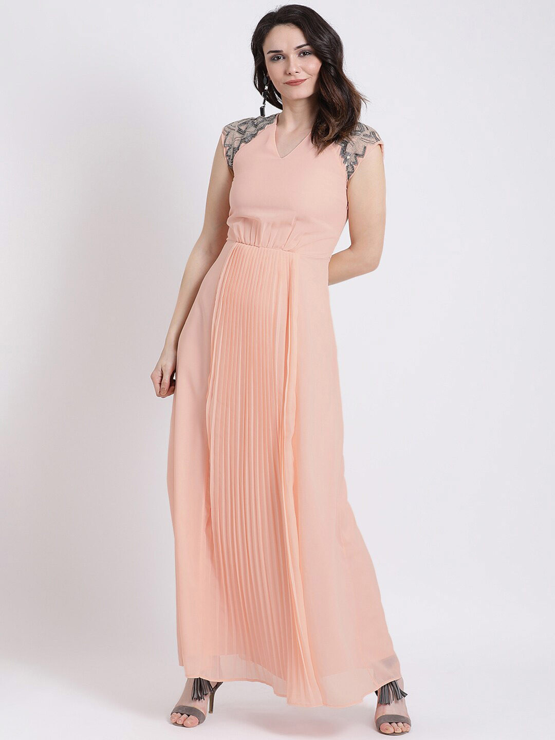 Buy Kazo Peach Coloured V Neck Pleated Maxi Dress Dresses for Women