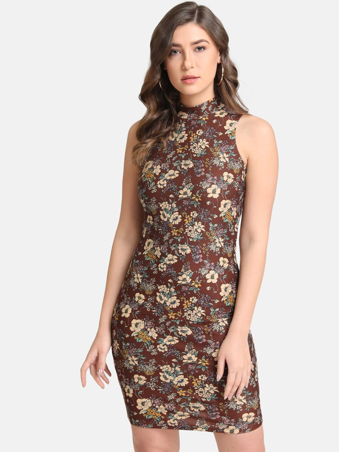 Buy Kazo Brown & Cream Coloured Floral Bodycon Dress Dresses for