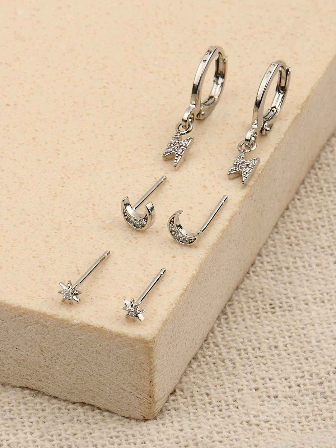 Buy Accessorize London Set Of 3 CZ Gold Plated Platinum Celestial Studs & Hoop Earrings
