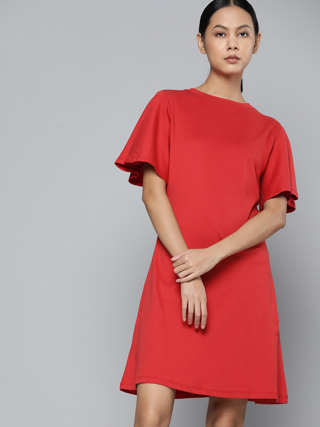 Buy Ether Red Pure Cotton Solid A Line Dress Dresses for Women