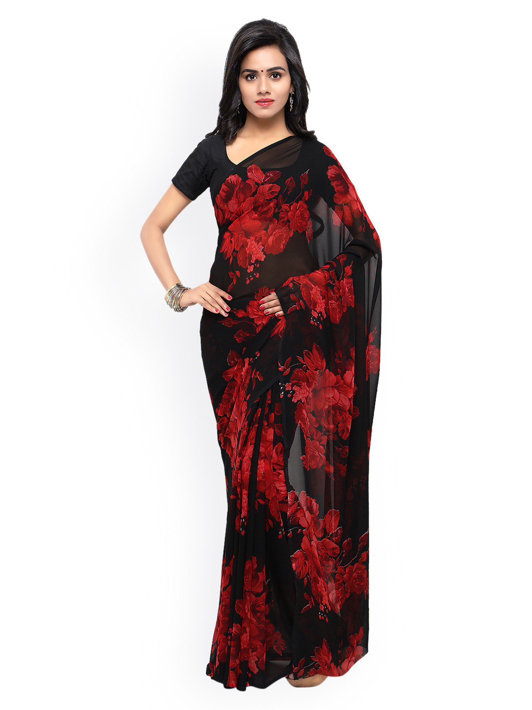 Buy Colors Black & Red Floral Print Saree Sarees for Women 1835751 Myntra