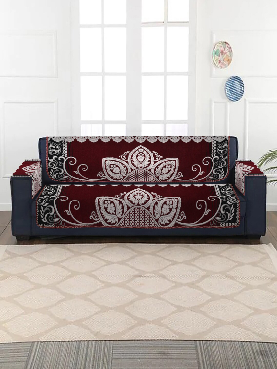 Buy MULTITEX Set Of 16 Maroon Self Design Jacquard Sofa Covers Sofa