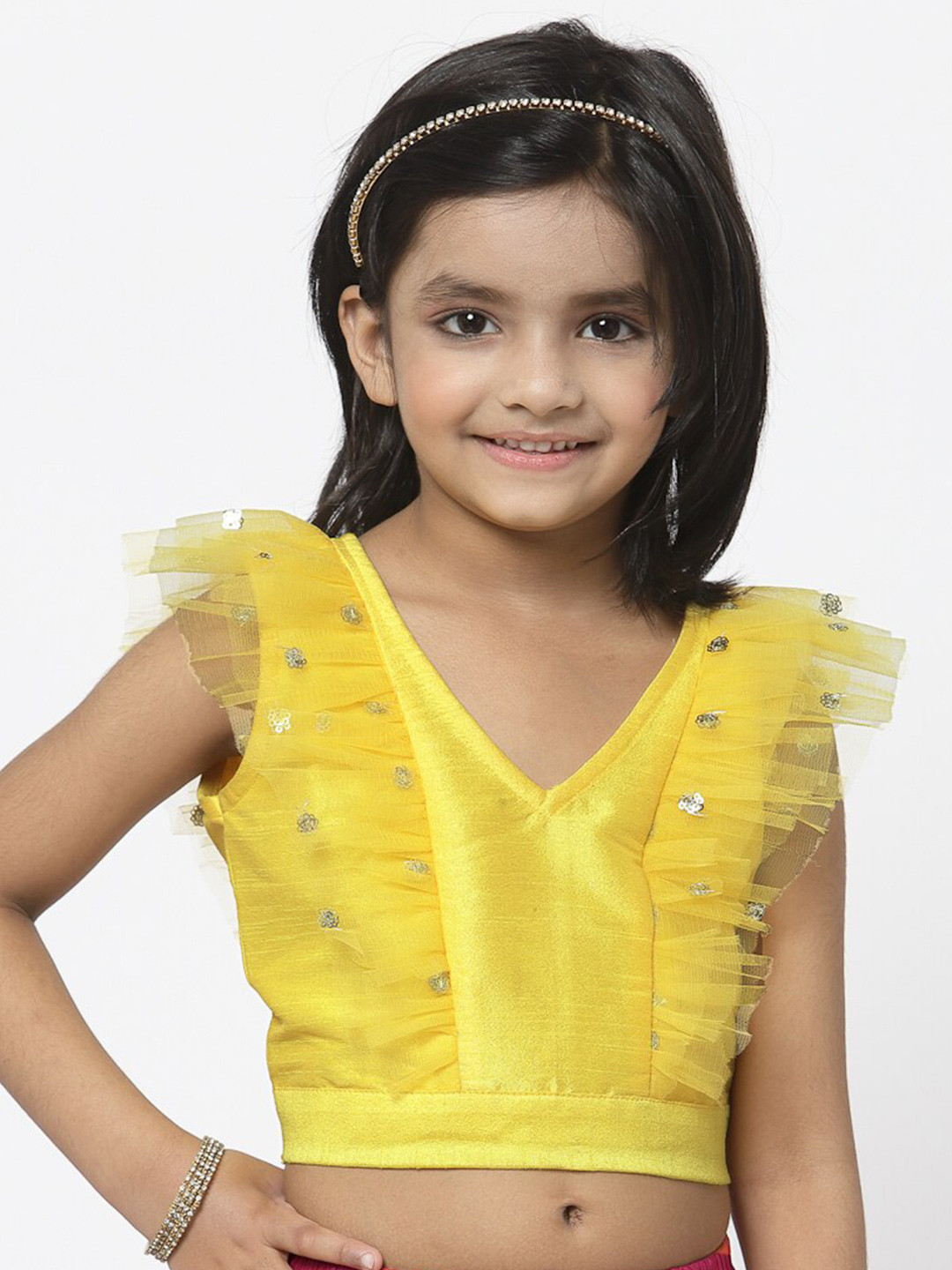 Buy Studio Rasa Yellow Self Design Embroidered V Neck Flutter Sleeve