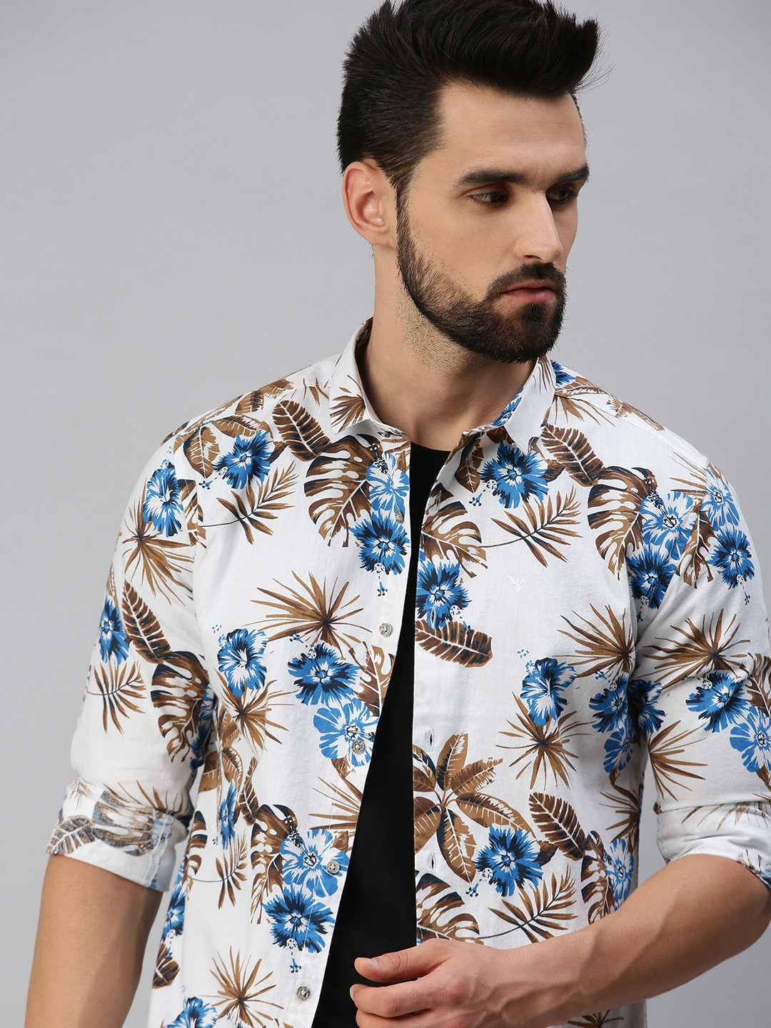 Men's Grey Comfort Slim Fit Floral Printed Casual Shirt